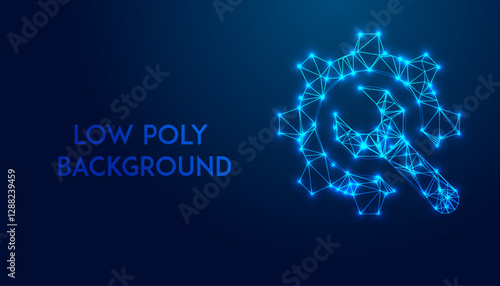 Low Polygonal vector illustration of a mechanism, Gear, Setting icon isolated on a blue background