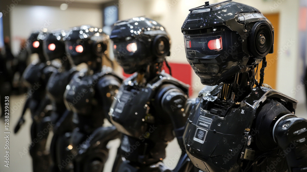 Futuristic AI humanoid robots lined up showcasing advanced technologies in a modern exhibit space Futuristic AI humanoid robots lined up showcasing advanced technologies in a modern exhibit space