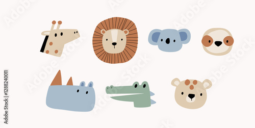 Cute African Safari animals flat style. Childish rhinoceros, giraffe, leopard, crocodile, koala. Kids vector illustrations isolated on white background