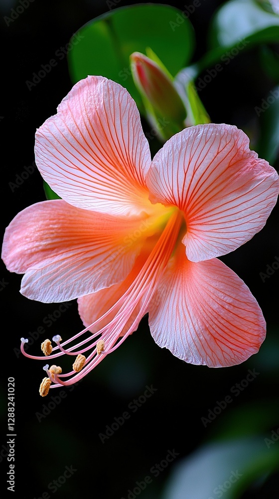 A detailed shot of a pink petal amidst verdant foliage, accompanied by a hazy depiction of a bloom in the foreground A detailed shot of a pink petal amidst verdant foliage, accompanied by a hazy depiction of a bloom in the foreground