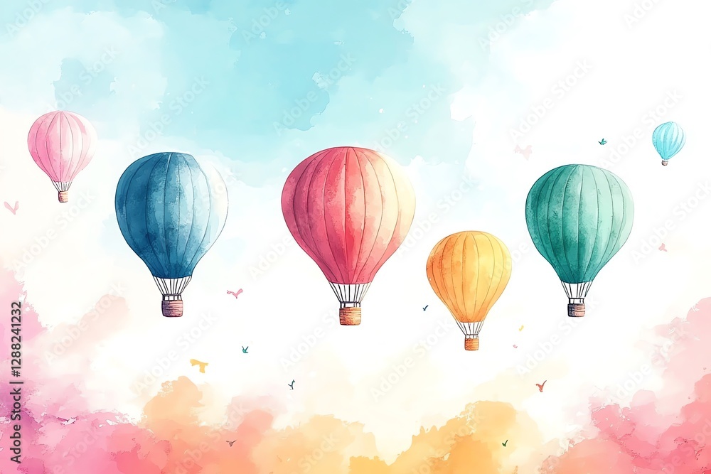 Naklejka premium Colorful Hot Air Balloons Floating in the Sky Watercolor Illustration