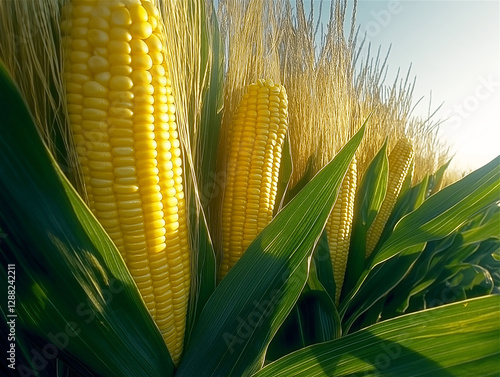 A close-up of a vibrant cornfield with golden-yellow ears of corn, capturing the beauty of harvest season and the passing of time in a rural landscape. photo