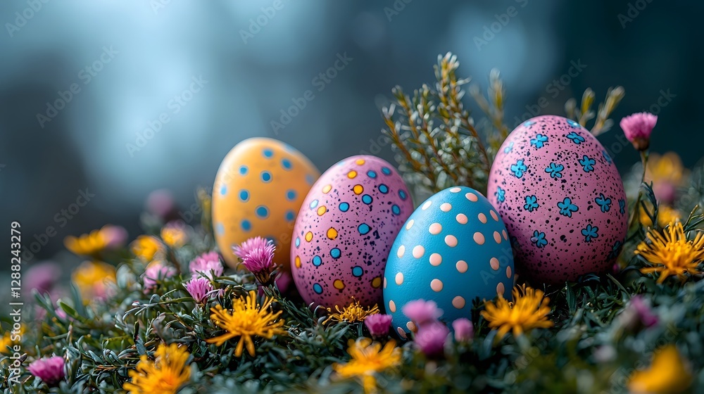 Vibrant Meadow with Colorful Hidden Easter Eggs Children Joyfully Searching in Springtime Vibrant Meadow with Colorful Hidden Easter Eggs Children Joyfully Searching in Springtime