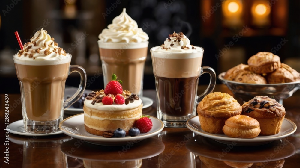 Deluxe Coffee Drinks Display with Muffins and Cake Featuring Chocolate and Cream in Studio Shot on Dark Wood Tabletop Deluxe Coffee Drinks Display with Muffins and Cake Featuring Chocolate and Cream in Studio Shot on Dark Wood Tabletop