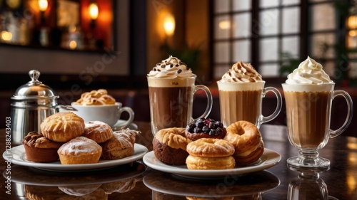 Deluxe Coffee Drinks and Assorted Pastries Display on Wooden Table in Warm Light Featuring Muffins Donuts Cream Topped Beverages and Elegant Glassware