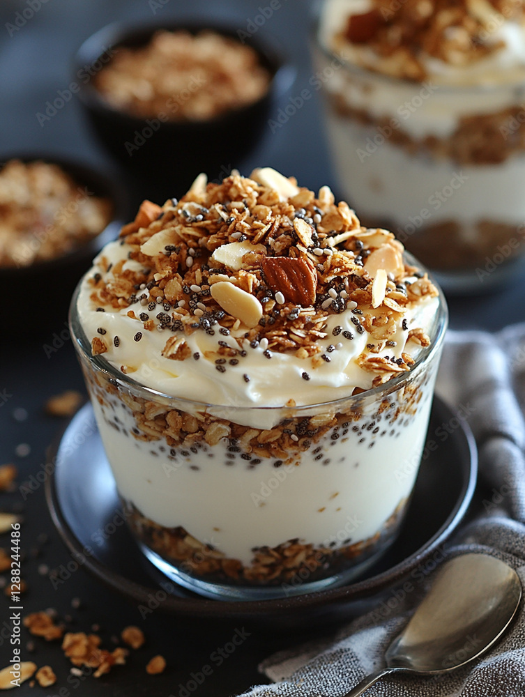 Delicious layered yogurt parfait with granola and nuts Delicious layered yogurt parfait with granola and nuts
