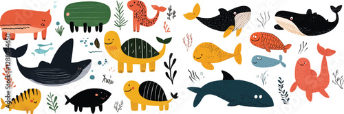 An adorable clip art-style drawing of various sea animals, such as a playful squid, a relaxed sea lion, and a curious shrimp, all rendered in pastel tones. 