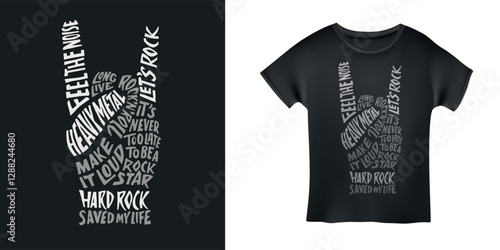 Rock gesture hand palm typography. Music quotes hand drawn lettering composition. Creative sigh t-shirt design. Vector vintage illustration.