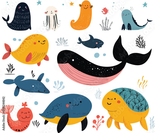 A cheerful clip art-style illustration featuring a collection of sea animals such as a happy whale, a shy seahorse, and a smiling turtle, all drawn in pastel shades.