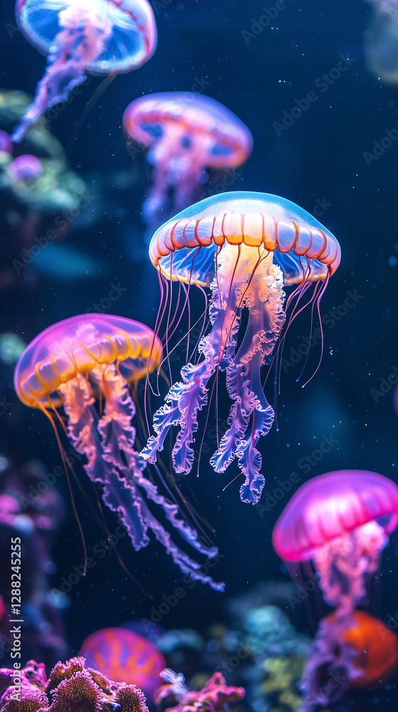 Fototapeta premium Vibrant jellyfish swimming gracefully in deep blue ocean.