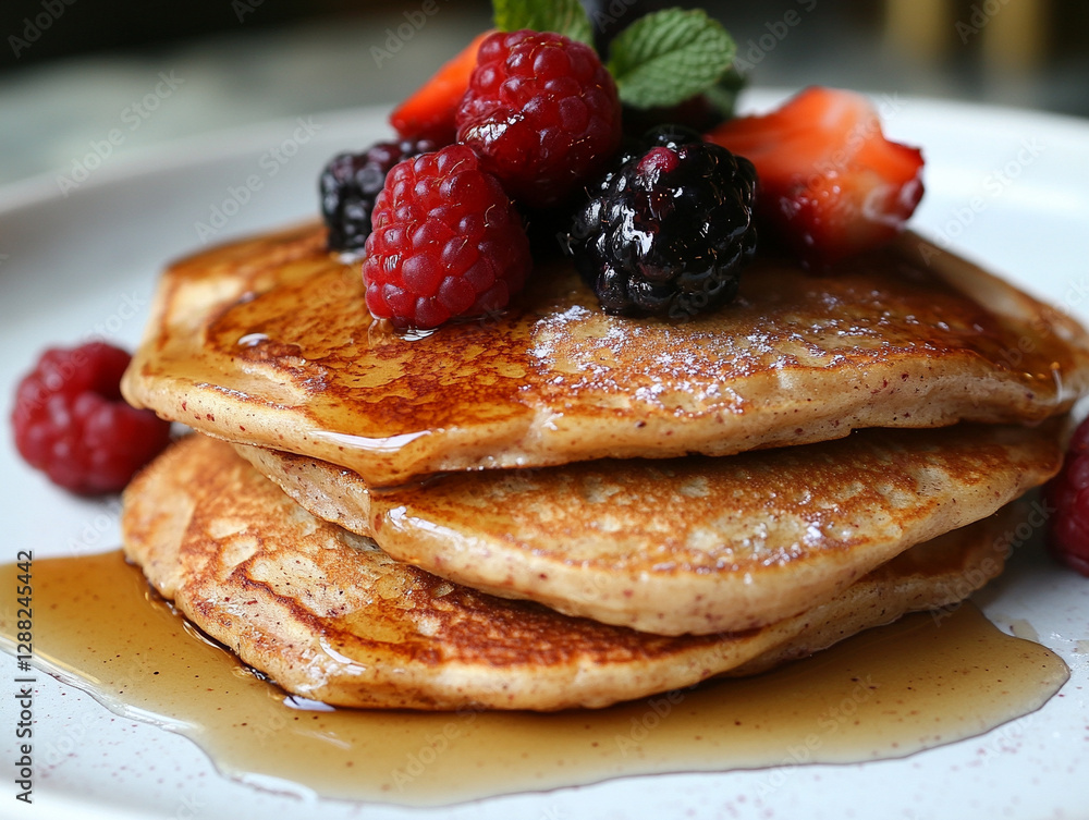 Delicious pancakes topped with fresh berries and syrup Delicious pancakes topped with fresh berries and syrup