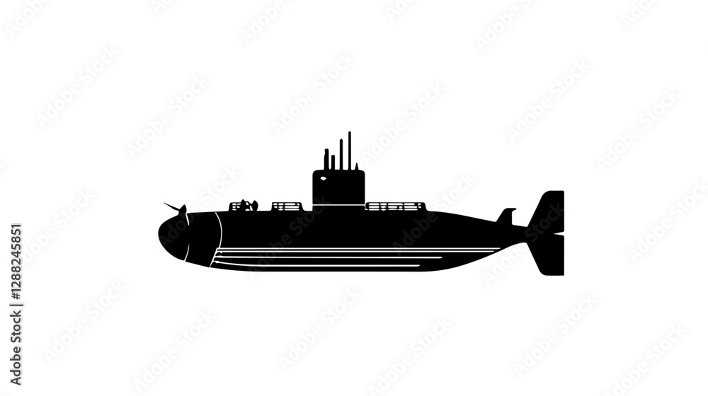 Obraz premium Black and white illustration of a submarine. Naval forces.