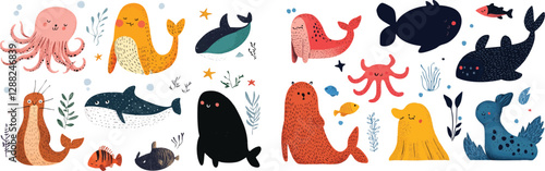 An adorable clip art-style drawing of various sea animals, such as a playful squid, a relaxed sea lion, and a curious shrimp, all rendered in pastel tones. 