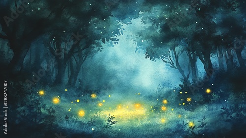 Magical Forest Scene with Fireflies Glowing in Watercolor Painting