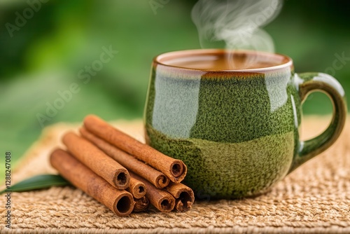 Green Tea Mug with Cinnamon Sticks and Steam in Lush Foliage