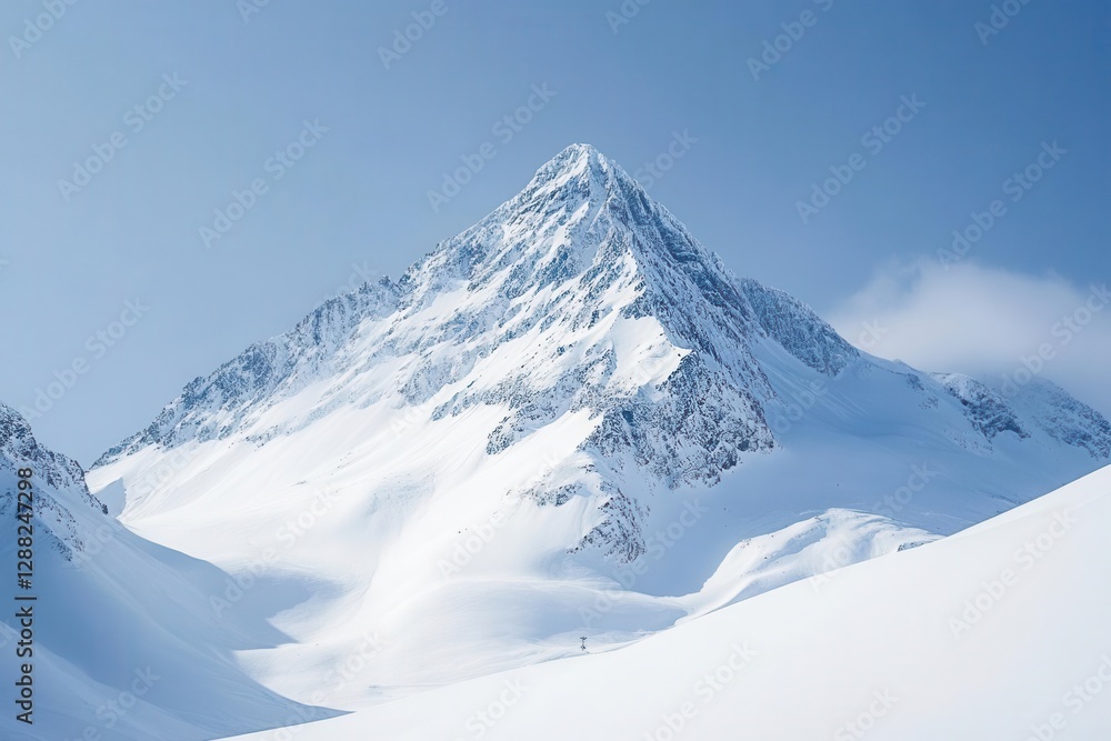 majestic snowcapped peak piercing a crisp pale sky frosty white slopes stark minimalist isolation cool blue shadows serene alpine grandeur majestic snowcapped peak piercing a crisp pale sky frosty white slopes stark minimalist isolation cool blue shadows serene alpine grandeur