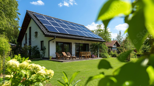 A bright, sunlit modern house with eco-friendly architecture, complete with solar panels on the roof. A spacious patio with wooden furniture offers a relaxing outdoor space, surrou photo