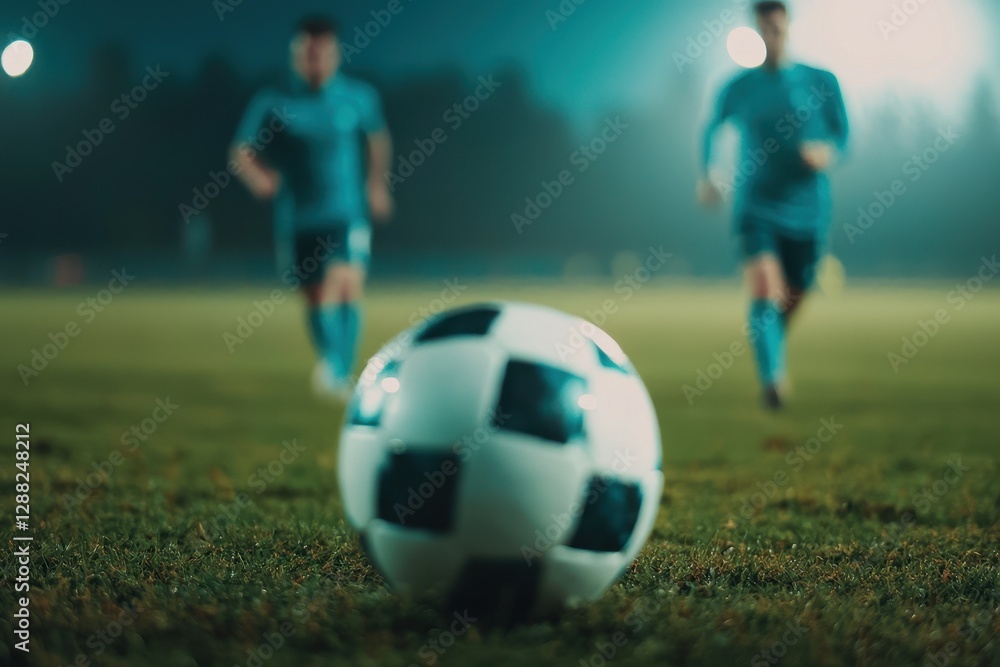 Fototapeta premium Action Shot of Two Soccer Players Running Towards a Ball at Night