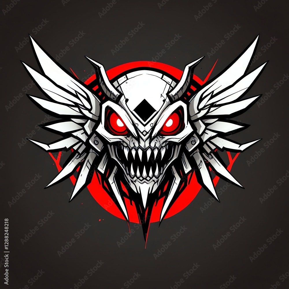 Aggressive Robotic Angel Skull with Red Eyes and Wings Aggressive Robotic Angel Skull with Red Eyes and Wings