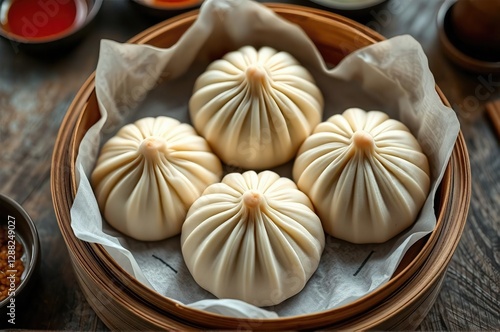Traditional Hand-Pleated Shanghai-Style Steamed Baozi Dumplings in Artisanal Bamboo Steamer with Accompanying Condiments A Study in Culinary Craftsmanship