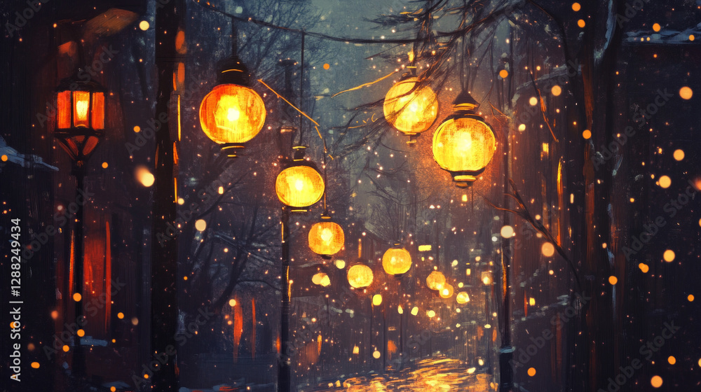 Obraz premium Warm lights illuminate a quiet street during a gentle snowfall in the evening
