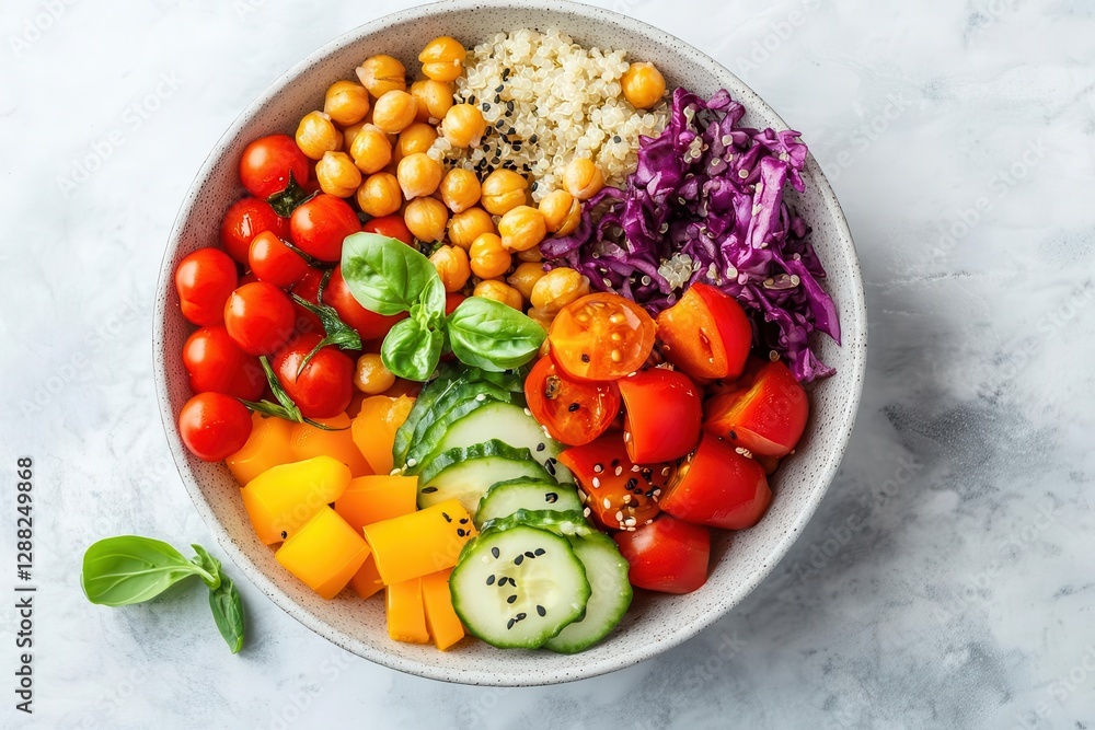 mediterranean harvest bowl from above colorful arranged vegetables quinoa roasted chickpeas on marble surface with dramatic lighting mediterranean harvest bowl from above colorful arranged vegetables quinoa roasted chickpeas on marble surface with dramatic lighting