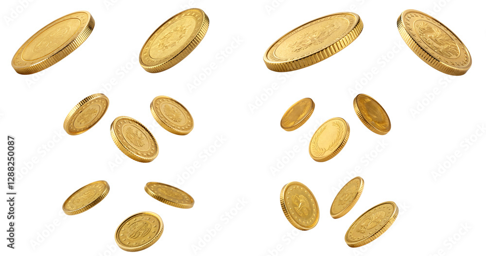 Obraz premium set of golden coins fall isolated on white