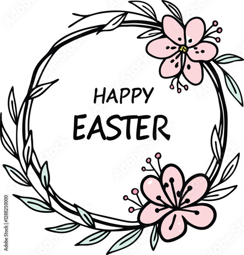 Line art spring wreath of flowers and hand lettering “happy Easter”. For holiday greeting card, invitation, banner, poster, logo, icon, printing, website
