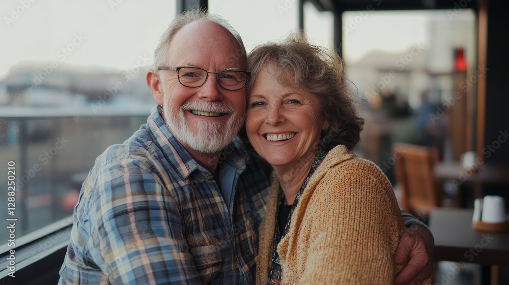 Happy couple enjoying a cozy evening at a rooftop cafe overlooking the city during sunset with warm smiles and delightful company Happy couple enjoying a cozy evening at a rooftop cafe overlooking the city during sunset with warm smiles and delightful company