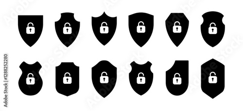 Set of shield icons with padlock symbols in black and white. This collection features vector shield shapes with lock elements, ideal for security, privacy, and protection themes.