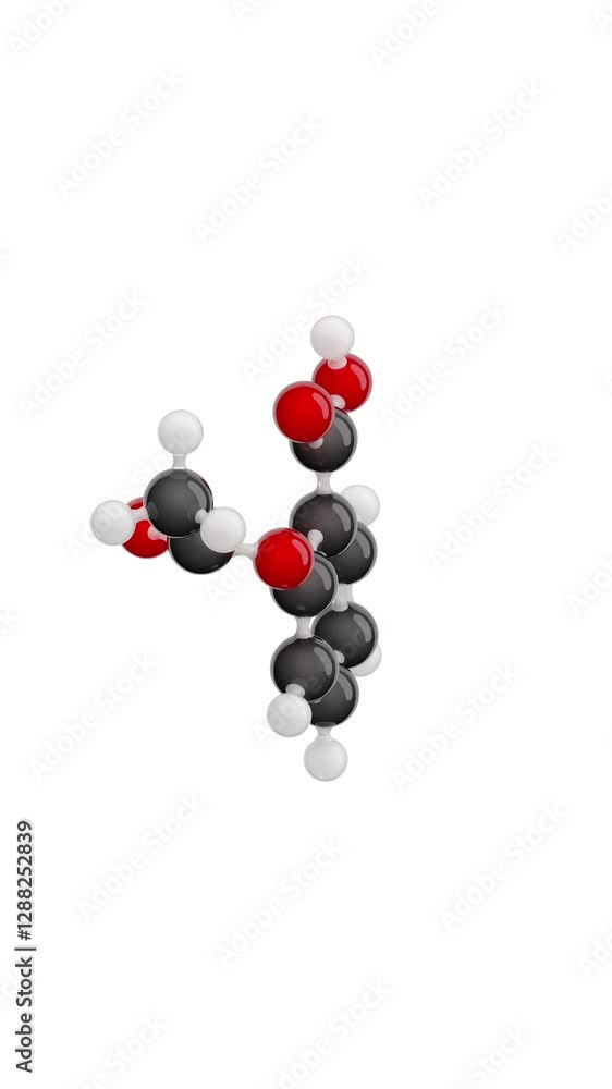 Molecule: Aspirin. Chemical Structure Model: Ball and stick. Molecular Formula: C9H8O4. Isolated on a white background. Seamless looping Vertical video. 3D render. Molecule: Aspirin. Chemical Structure Model: Ball and stick. Molecular Formula: C9H8O4. Isolated on a white background. Seamless looping Vertical video. 3D render.