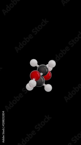 Molecule of Ethylene Glycol. Animated chemical 3D Model: Ball and stick. Molecular Formula: C2H6O2. Black background. Seamless loop. Vertical screen. 3D rendering.