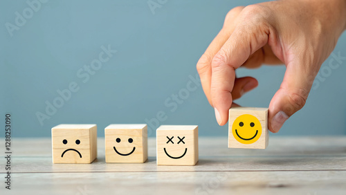 Hand Choosing Happy Face Wooden Block Over Sad Faces Decision Making and Positive Mindset Concept