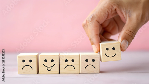 Hand Picking Happy Wooden Block Over Sad Faces Emotional Expression and Customer Feedback Concept