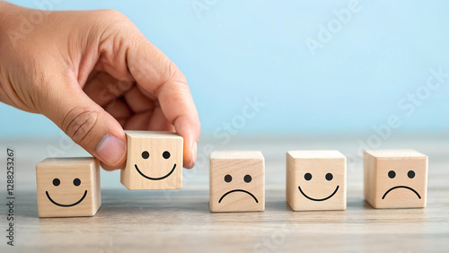 Hand Holding Smiley Face Wooden Block Among Sad Faces Positive Choice and Customer Satisfaction Concept