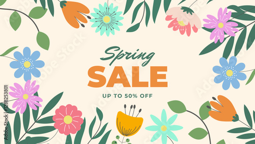 Hello Spring Banner with Hand Drawn Flowers, Badge Typography Icon. Lettering Spring Season with Sale Text Design For Greeting Card, Invitation Template. Modern Lettering Banner Poster Template, Sale.