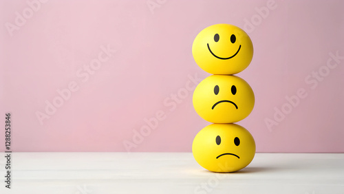 Stacked Emotional Face Balls Happy Neutral Sad Mood Expression on Soft Pink Background Concept