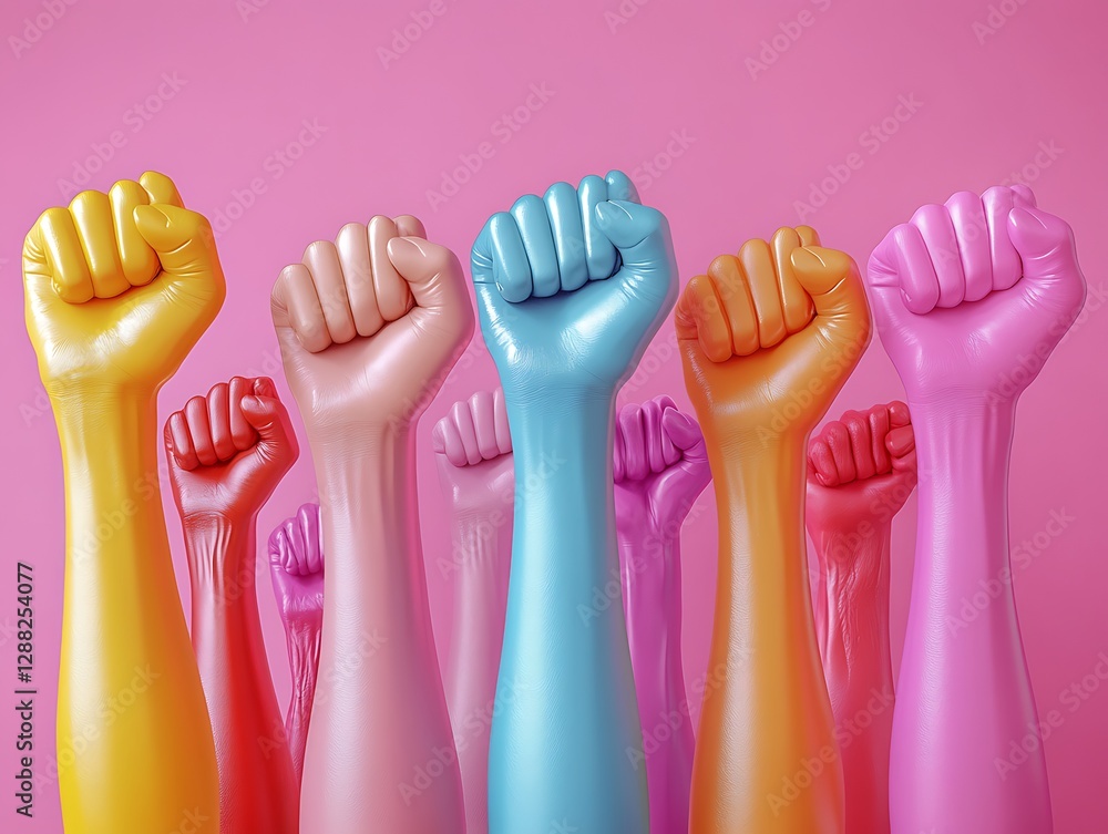 Colorful Raised Fists Symbolizing Unity and Empowerment Against a Pink Background
Colorful Raised Fists Symbolizing Unity and Empowerment Against a Pink Background