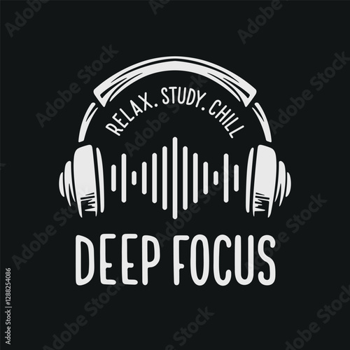 Deep focus music headphones emblem. Musical theme logo. Relax music badge. Vector vintage illustration.
