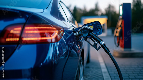 A blue car parked at a roadside gas station, nozzle inserted into the fuel tank. The driver watches the fuel pump meter rise, ensuring engine efficiency. Efficient, dependable fuel