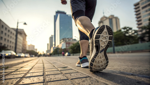 Fitness Walker in Sports Sneakers Strolling Through Urban City Active Lifestyle and Exercise Concept