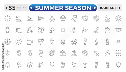 Summer season set of web icons in line style. Summer vacation icons for web and mobile app. Travel, beach, tourism, summer holidays, hotel, relax, beach, luggage. Editable stroke outline icon. 
