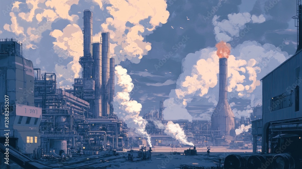 Obraz premium Industrial Plant Sunset Smokestacks Pollution Cityscape