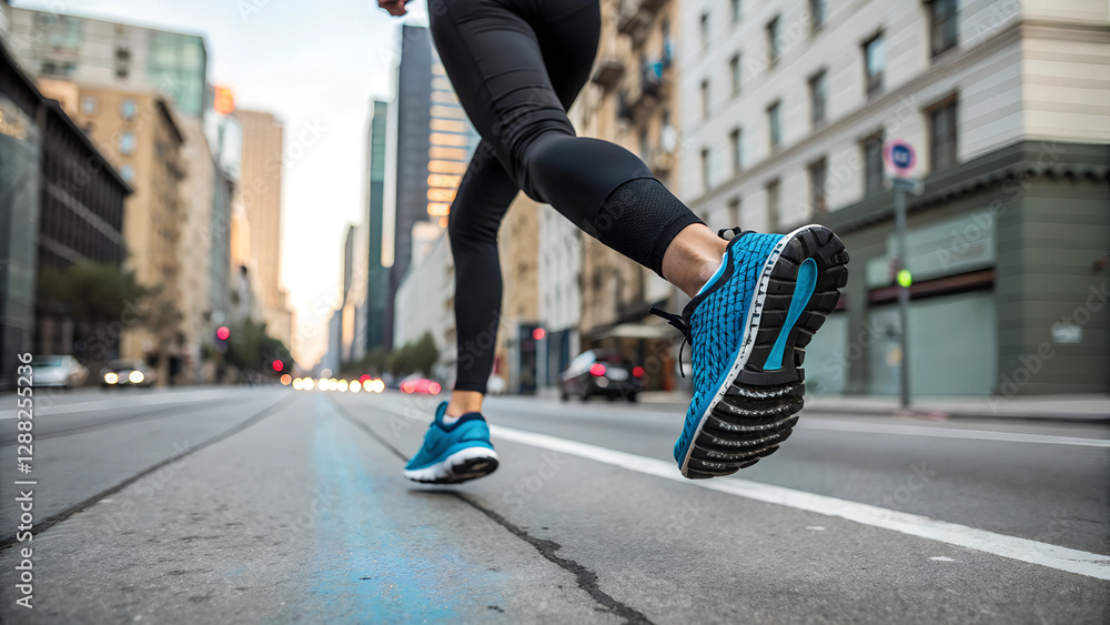 Naklejka premium Runner in Athletic Shoes Jogging on City Street Active Lifestyle Fitness Training Urban Running Concept