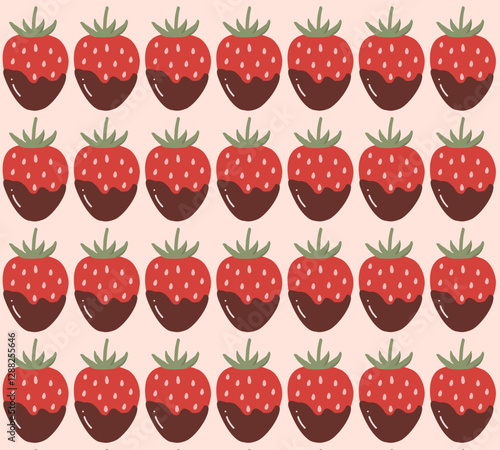 Chocolate covered strawberries pattern. Vector background with cute chocolate covered strawberries evenly distributed on a light background. Print with a delicious dessert. For printing on packaging, 