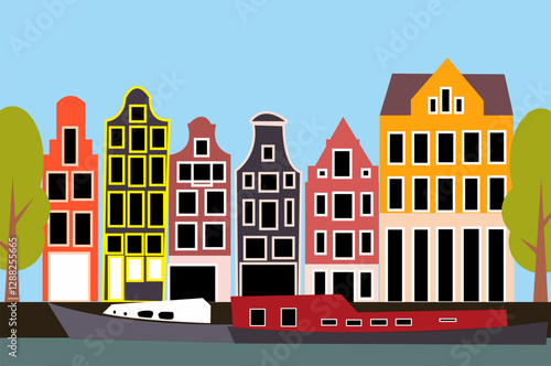 Vector illustration of city buildings in Amsterdam, Netherlands