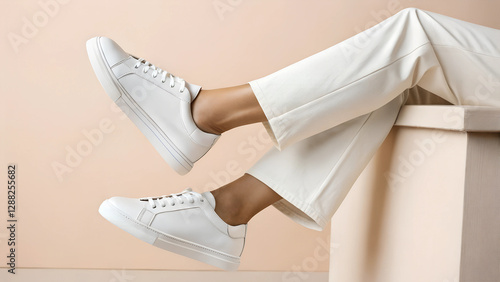 Stylish White Sneakers on Elevated Legs Minimalist Fashion Trend Modern Footwear Casual Wear Concept
