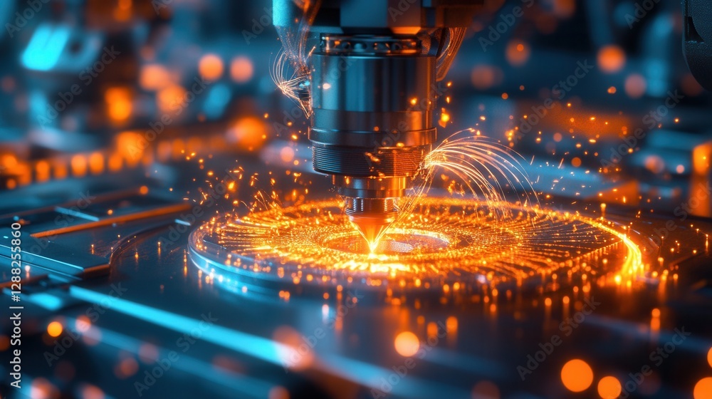 Fototapeta premium High Tech CNC Machine Cutting MetalPlateCuttingToolManufacturingTechnologyHigh