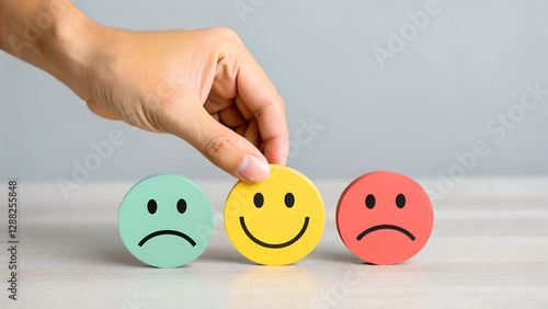 Customer Satisfaction Concept Hand Choosing Happy Face Over Neutral and Sad Emoticons on Wooden Desk