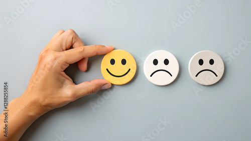 Hand Choosing Happy Face Over Neutral and Sad Emoticons Representing Customer Satisfaction and Feedback